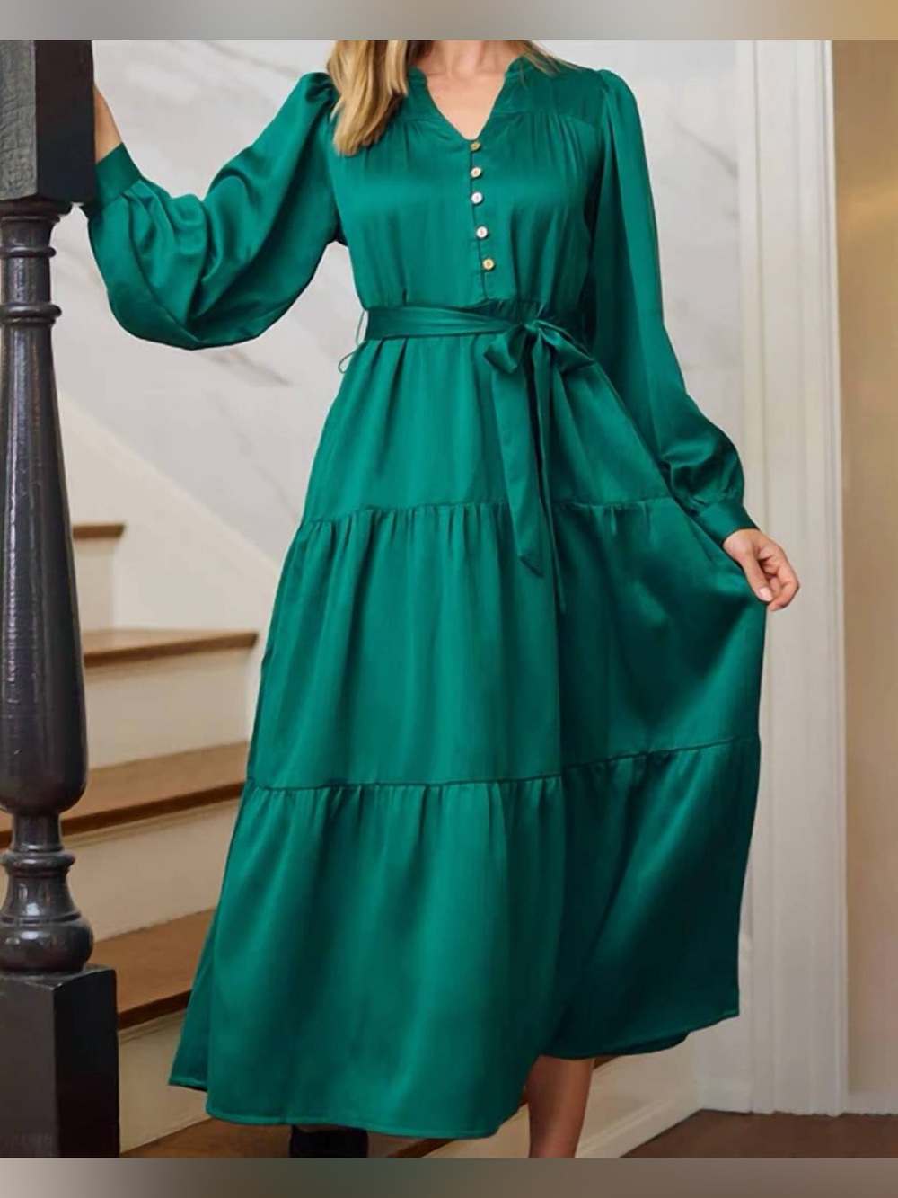 NWT Mary Square Adventurine Gracelyn Emerald Tiered Long-Sleeve Midi Dress